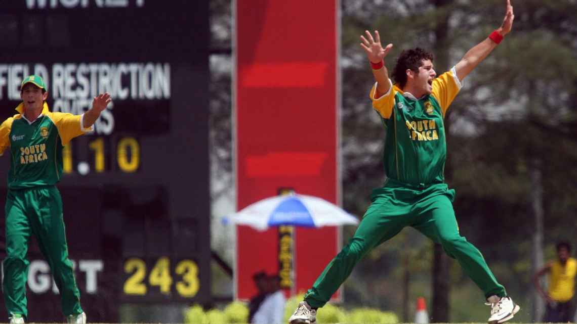 South African captain Wayne Parnell celebrates after taking his first wicket of Bangladesh